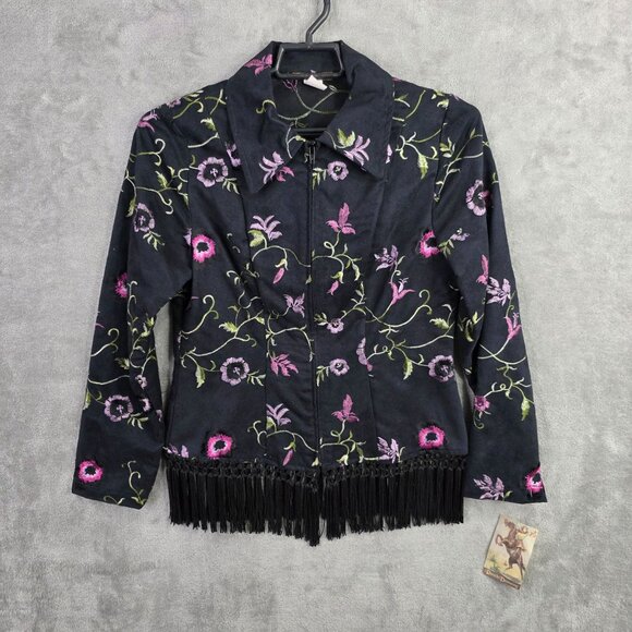 Womens Ranch Dressing Black Floral Embroidered Jacket Fringe Hem Polyester S - Picture 2 of 10